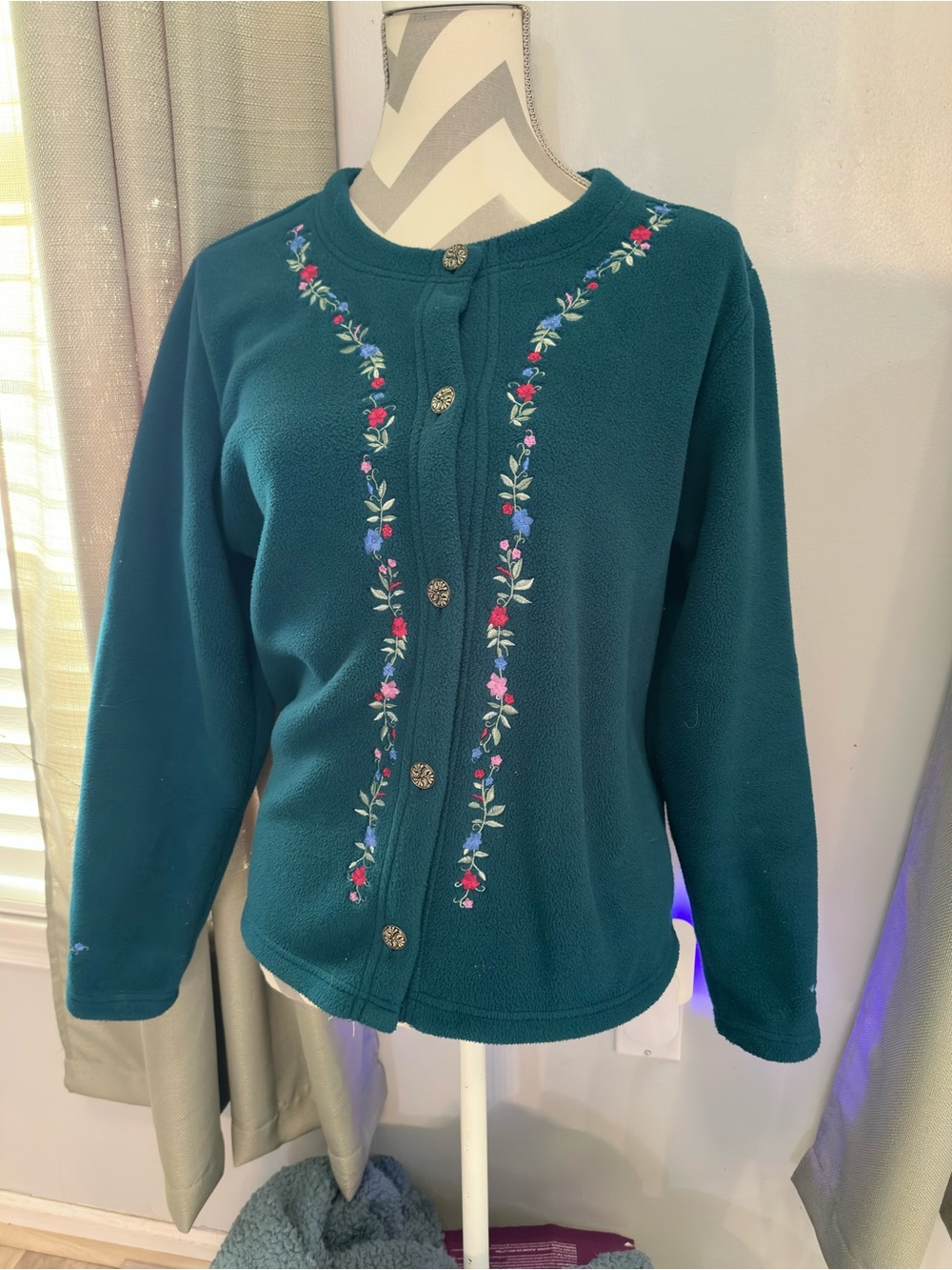 L.L.Bean Vintage Polartec Floral Embroidered Teal Fleece Cardigan L